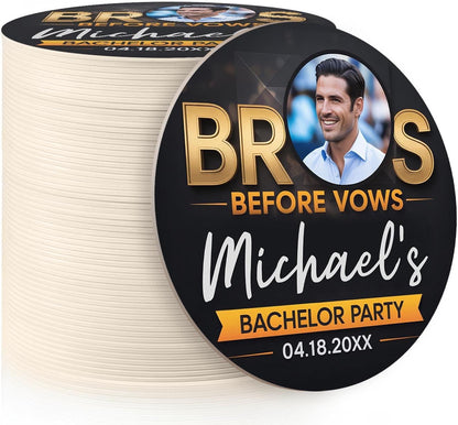 60 Pack Personalized Bachelor Party Coasters, Custom Cardboard Drink Coasters with Photo Print and Text, Fun Bachelor Party Favors and Gifts, 3.95" Round, Design 1