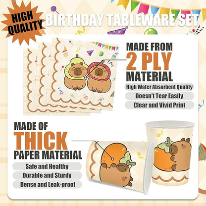 168Pcs Capybara Birthday Decorations Capybara Theme Party Plates and Napkins Cups Tableware Set Capy Animals Themed Party Supplies for Boys Girls Serves 24
