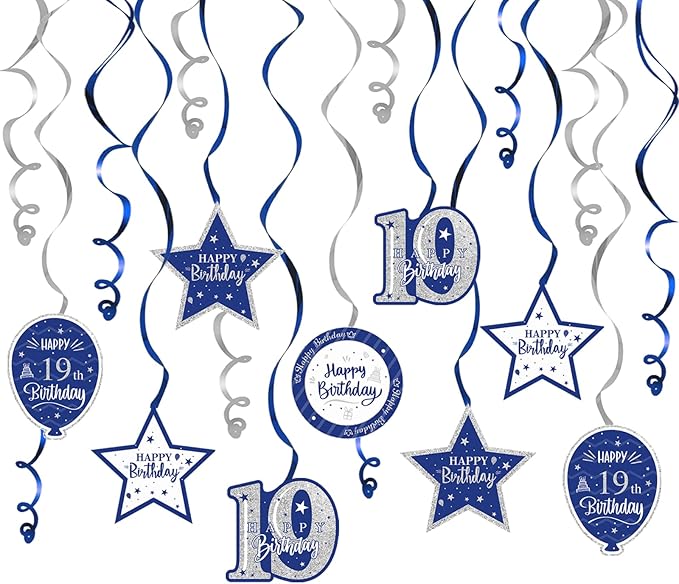 Happy 19th Birthday Blue & Silver Glitter Swirls Streamers Party Decorations - 15 Pcs 19th Birthday Hanging Swirls Streamers Kit,Cheers to Nineteen Years Old Bday Party Sign.