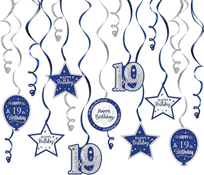 Happy 19th Birthday Blue & Silver Glitter Swirls Streamers Party Decorations - 15 Pcs 19th Birthday Hanging Swirls Streamers Kit,Cheers to Nineteen Years Old Bday Party Sign.