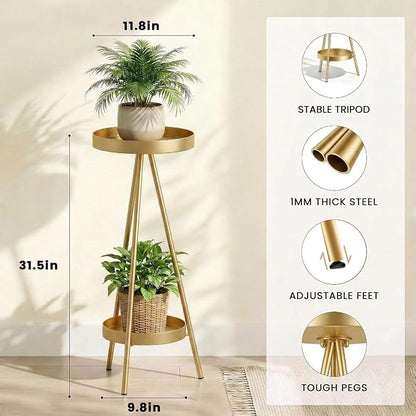 2 Tier Tall Plant Stand Indoor, 31.5" Gold Metal Modern Corner Flower Holder with Round Trays,Heavy Duty for Small Space, Bedroom & Balcony