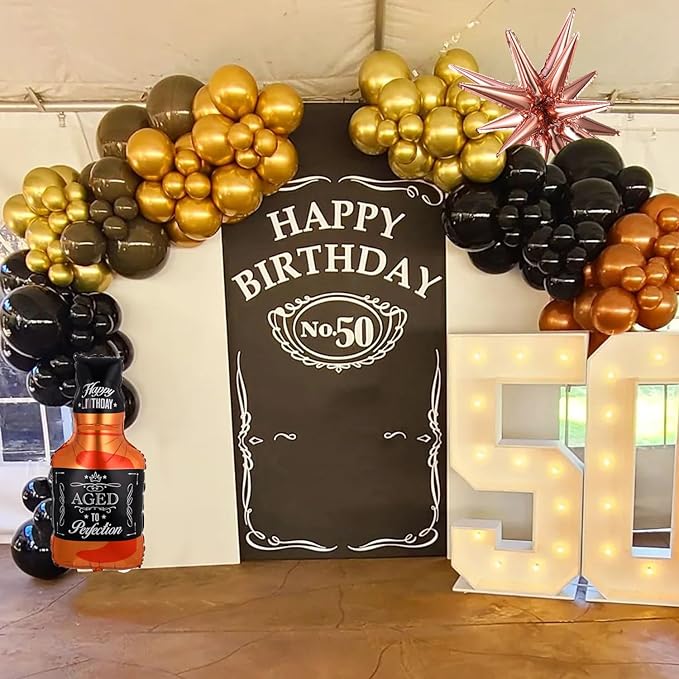 Whiskey Birthday Party Decorations for Men Aged to Perfection Party Supplies, 143Pcs Whiskey Balloon Arch Garland Kit Brown Coffee Black Gold Balloons for Vintage 30th 40th 50th Birthday Anniversary