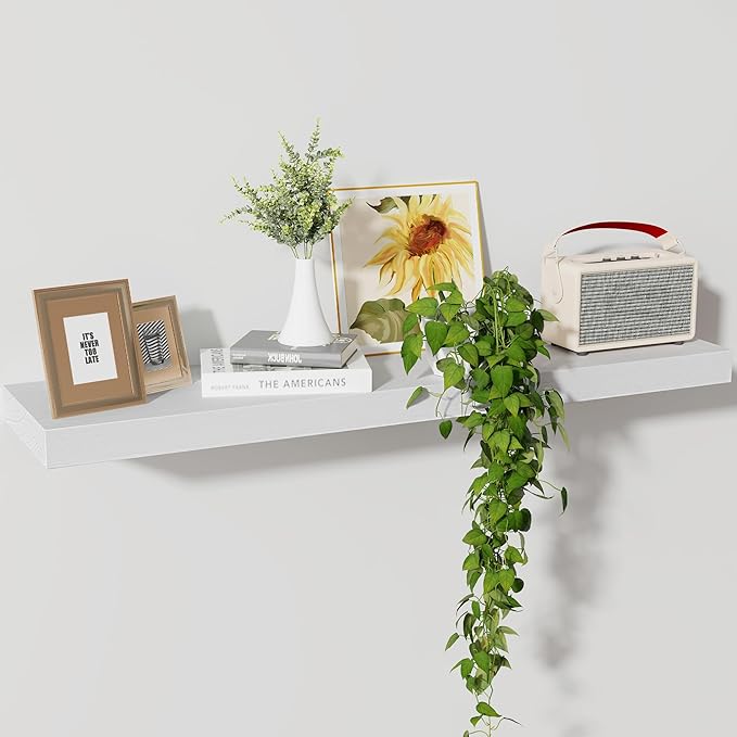 Axeman Floating Shelves, 8 Inch Deep Rustic Solid Wood Wall Shelves for Storage, Wall Mounted Display Shelving with Invisible Heavy-Duty Metal Bracket, 36" W x 8" D x 1.6" H, Distressed White