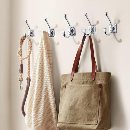 Large Wall Hooks 5 Pack Polished Chrome Coat Hardware for Hanging 4.35 Inch Double Robe Wall Mounted With Screws for Key, Towel, Bags, Cup, Hat