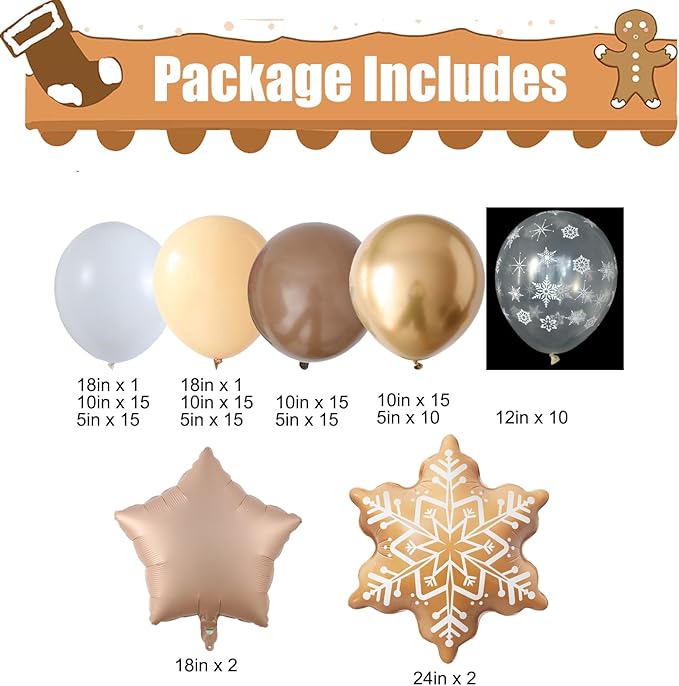 135PCS Christmas Gingerbread Snowflake Balloon Arch Garland Kit, Brown White Christmas Balloon Garland with 24inch Gingerbread Snowflake Foil Balloons for Xmas Gingerbread House Winter Decorations