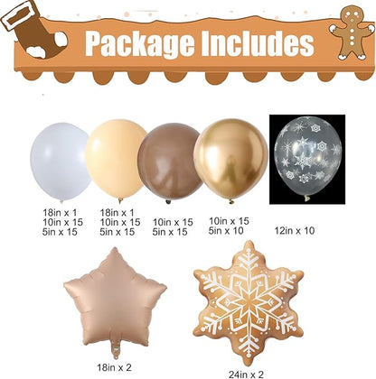 135PCS Christmas Gingerbread Snowflake Balloon Arch Garland Kit, Brown White Christmas Balloon Garland with 24inch Gingerbread Snowflake Foil Balloons for Xmas Gingerbread House Winter Decorations