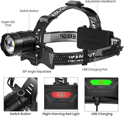 azamine LED Headlamp Rechargeable, 99000 Lumens Bright Head Lamp Βattery Include, 90° Adjustable Head Lights for Forehead with 3 Modes, Long Runtime & Waterproof Headlamps for Adults Camping Hiking