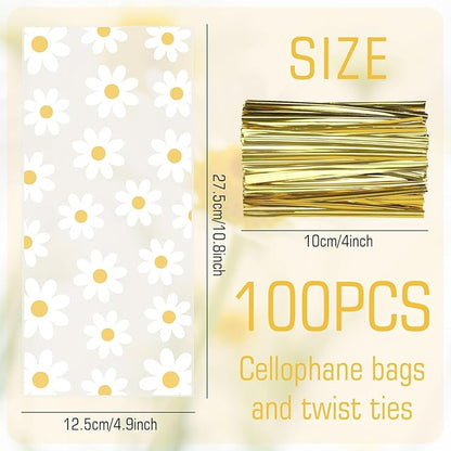 Whaline 100Pcs Daisy Cellophane Bag with Gold Twist Ties White Flower Plastic Candy Cookie Bags Floral Cello Goodie Bags for Spring Summer Boho Hippie Daisy Flower Party Birthday Baby Shower Wedding