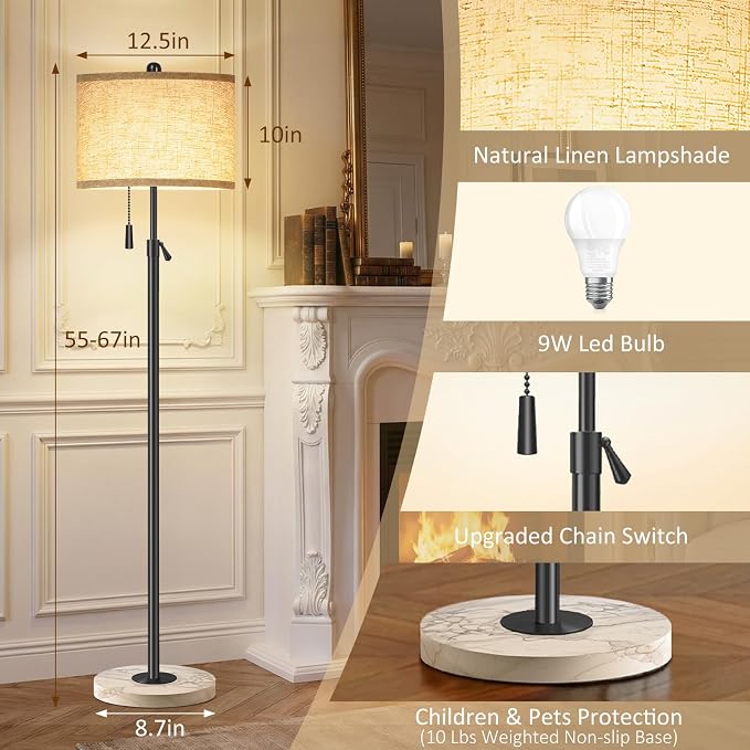 Floor Lamp for Living Room - Adjustable Height Standing Lamp with Marble Base & Linen Shade - Tall Pole Floor Light with 3 Color Temperatures Bulb for Bedroom, Reading - Easy Assembly