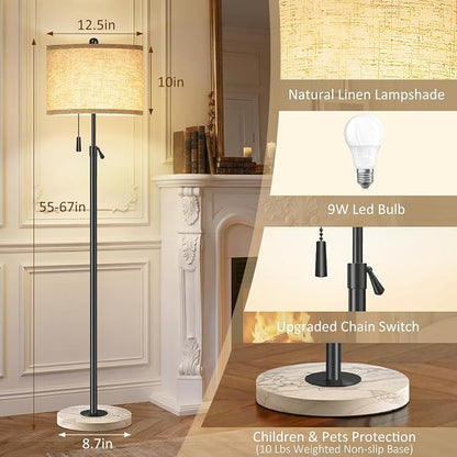 Floor Lamp for Living Room - Adjustable Height Standing Lamp with Marble Base & Linen Shade - Tall Pole Floor Light with 3 Color Temperatures Bulb for Bedroom, Reading - Easy Assembly