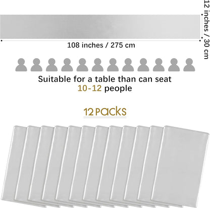 Aneco 12 Pack Satin Table Runner 12 x 108 Inch Light Silver Long Wedding Satin Silk Table Runner for Wedding Banquet Graduations Birthday Party Decoration