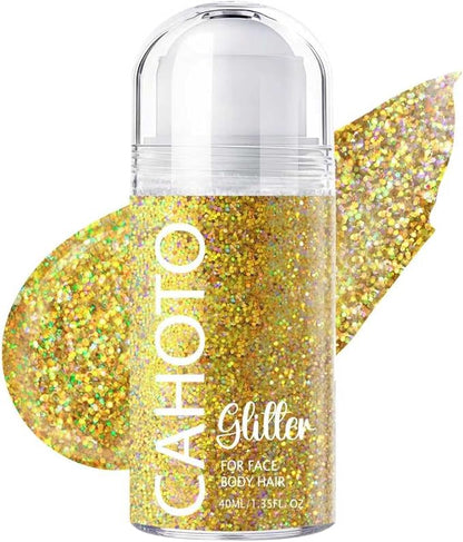 CAHOTO Gold Rolling Glitter for Face Body & Hair, Sparkling Holographic Chunky Shimmer, Roll-on Sequins for Singer Concert Mardi Gras Rave Festival Halloween Party Carnival, 1.35fl.oz