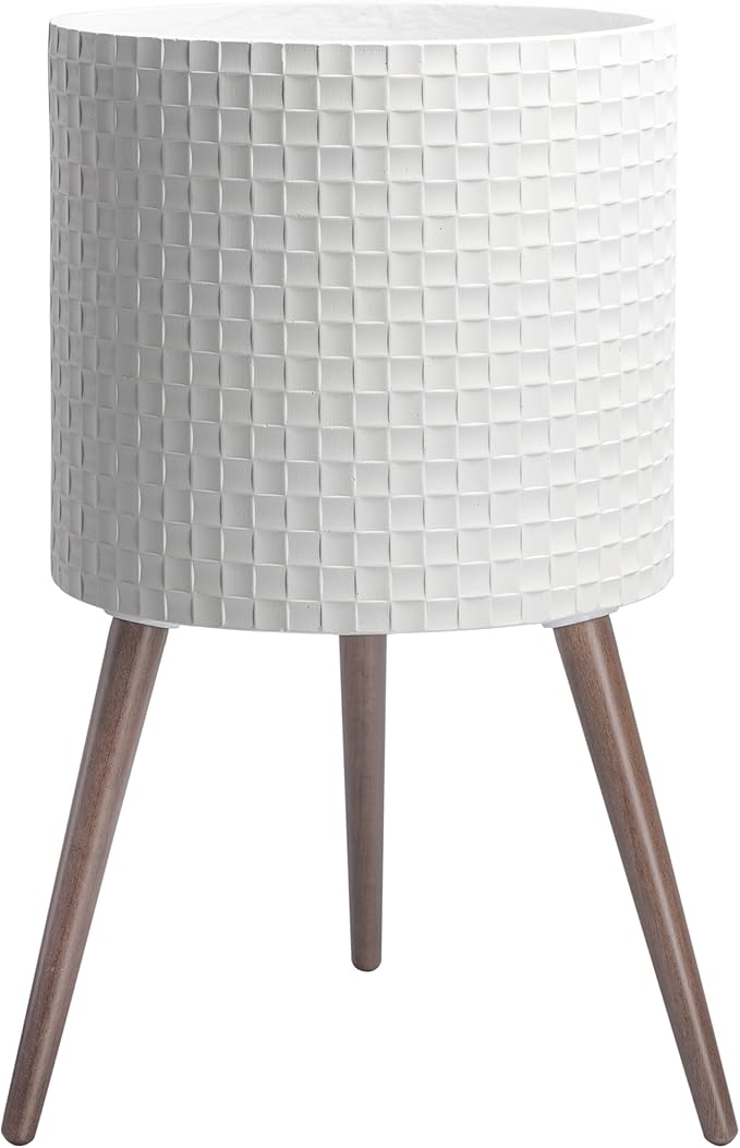 D'vine Dev 16 Inch Modern Geometric Tile Patterned Sleek Planter Pot with Stand, Indoor Outdoor Decorative Plant Holder, Matte White, 88-Z-E-1