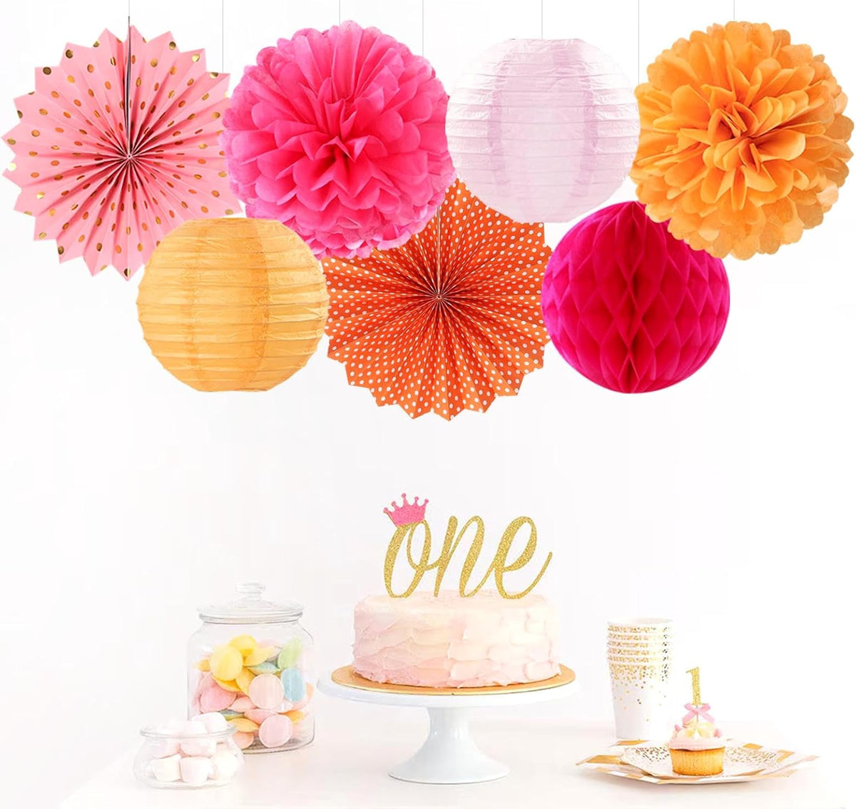 Hot-Pink Burnt-Orange Party-Decorations Streamers Lanterns - 14pcs Fall Birthday Baby Shower Paper Honeycomb Fan,Tissue Pom Poms, Autumn Thanksgiving Bridal Wedding Graduation Decor Ouruola