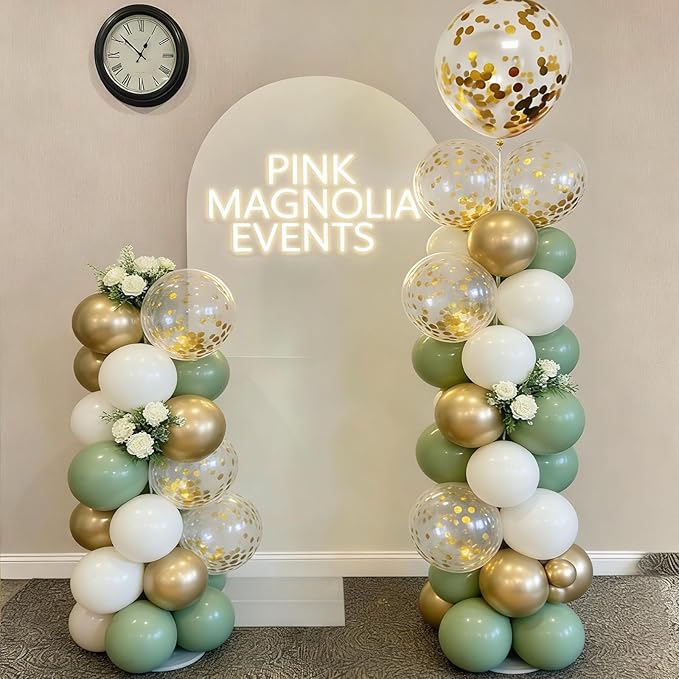 60pcs Sage Green Gold White Balloons Garland Kit - 12 Inch Olive Green, Metallic Gold & White Confetti Latex Balloons for Wedding, Baby Shower, Gender Reveal, Boho Birthday Party Decorations