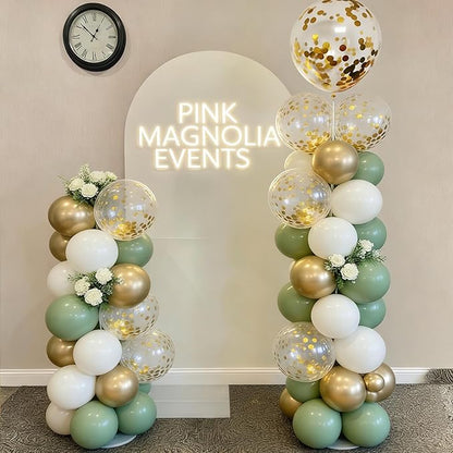 60pcs Sage Green Gold White Balloons Garland Kit - 12 Inch Olive Green, Metallic Gold & White Confetti Latex Balloons for Wedding, Baby Shower, Gender Reveal, Boho Birthday Party Decorations