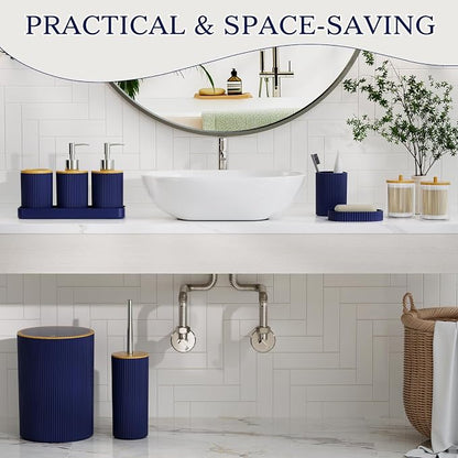 10PC Bathroom Accessories Set - Navy Blue and Wooden Bathroom Sets, Bathroom Accessory Set with Pop Up Trash Can, Toilet Brush, Trash Can, Qtip Holder & Soap Dispenser
