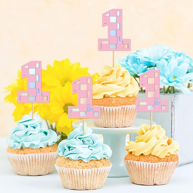 Ercadio 24Pcs Pink Number 1 Cupcake Toppers Checkered Pink One Cupcake Picks for Smiley Assorted Racing Car Theme Baby Girls 1st Birthday Party Cake Decoration Supplies