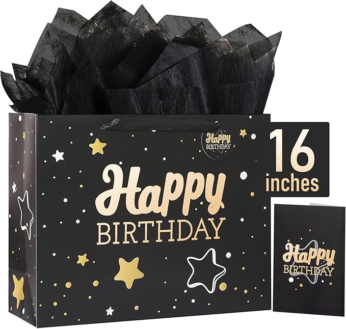 16" Black Happy Birthday Gift Bag with Tissue Paper and Greeting Card for Party,Happy Birthday Gift Bag for Men Women,Gift Bags Extra Large(1 PCS Black Hot Stamping)