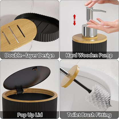 10PC Bathroom Accessories Set - Black and Wooden Bathroom Sets, Bathroom Accessory Set with Pop Up Trash Can, Toilet Brush, Trash Can, Qtip Holder & Soap Dispenser