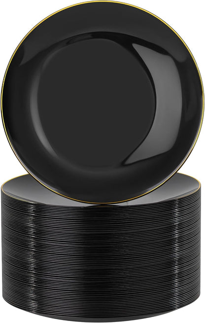 Nervure 100 Pieces Black Plastic Plates - 7.5inch Black Dessert Plates - Disposable Gold Plastic Plate - Disposable Plate Ideal for Wedding & Party & Halloween