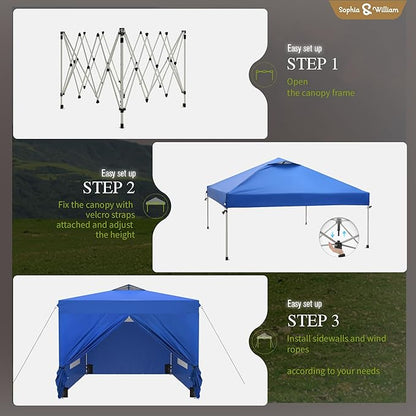 Sophia & William Canopy Tent Pop Up 10x10 ft One Person Push Set Up Canopies with 4 Sidewalls, Outdoor Shelter Heavy Duty Straight Legs with 4 Sandbags & 1 Roller Bag, 8 Stakes & 4 Guy Ropes, UPF50+