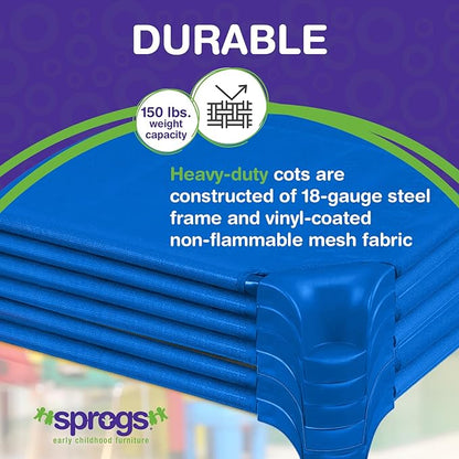 Sprogs Heavy-Duty Stackable Standard Size 52"L Daycare Cots for Kids and Toddlers, Stacking Preschool Classroom Kids Cots for Sleeping, Resting, Naptime, Pack of 6, Blue
