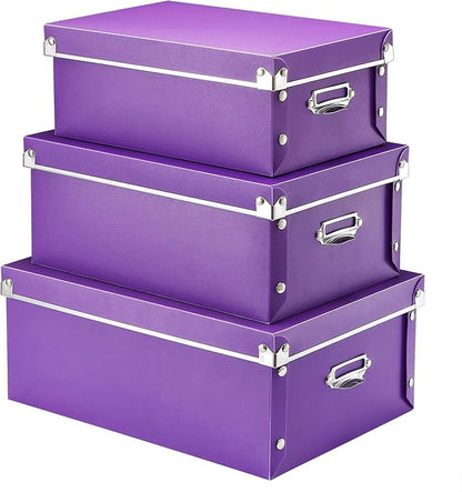 SEEKIND Storage Box, Decorative Storage Bins with Lid,3 in 1 Set,Press-Stud Fastening,Moisture-proof,Foldable for Space Saving Storage,for Clothes, Cosmetic,Blankets (Purple)