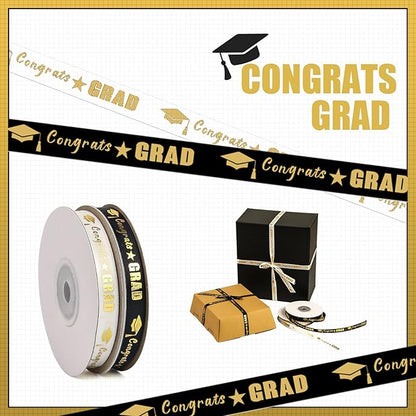 2 Rolls 50 Yards Graduation Ribbon 3/8 Inch Wide, Congrats Grad Gold Satin Ribbon for Gift Wrapping Class of 2026 Graduation Party Decorations DIY Crafts