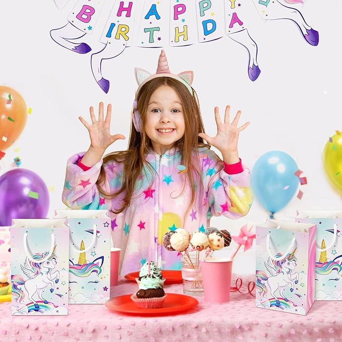WERNNSAI 16PCS Unicorn Gift Bags - Rainbow Unicorn Party Supplies Goodie Bags for Girls Kids Birthday Unicorns Party Favor Bag with Handles Candy Treat Bag for Baby Shower Supplies