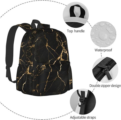 cfpolar 17 Inch Backpack Black & Gold Marble Art Laptop Bag Shoulder Bag School Bookbag Casual Daypack For Boys Girls