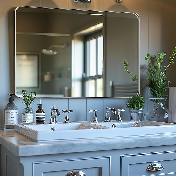 ANDY STAR Chrome Mirror for Bathroom, 30x36 Metal Frame Wall Mirror with Rounded Corner, Modern Rectangle Bathroom Vanity Mirror with Polish Finish