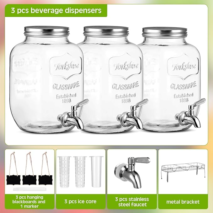 Lallisa 3 Pcs 2.5 Gallon Beverage Dispensers for Parties Glass Drink Water Dispenser with Stand Stainless Steel Leakproof Spigot Ice Cylinder Hanging Chalkboard Signs Pen(Silver)