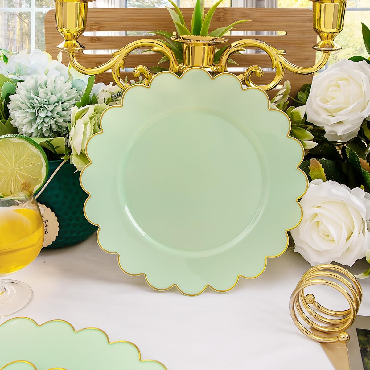 LIYH 60 Pcs Light Green Plastic Plates with Gold Edges, Disposable Sage Green and Gold Plastic Plates Includes: 30 Dinner Plate 10.25 Inch and 30 Dessert Plate 7.5 Inch
