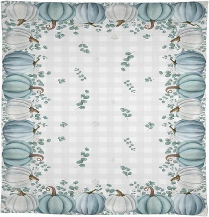 YCness Thanksgiving Pumpkin Tablecloth, Watercolor Eucalyptus Leaves Autumn Harvest Fall Watercolor Blue Gray Grid Table Cover for Party Picnic Dinner Kitchen 60x120 Inch Rectangle