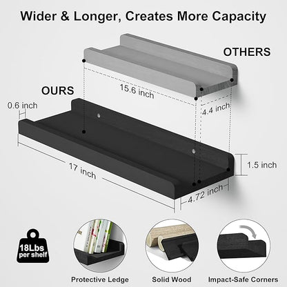 Love-KANKEI Floating Shelves Wall Mounted Set of 2, 17 Inch Rustic Wood Wall Shelves for for Storage, Bedroom Living Room Bathroom Kitchen Office and More Black