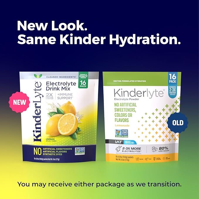 Kinderlyte Electrolyte Powder for Kids and Adults - Drink Mix Hydration Packets (Lemonade, 16 Count), No Artificial Sweeteners or Flavors, No Synthetic Dyes, Vegan, Non-GMO, Gluten-Free