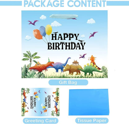 13" Large Watercolor Dinosaur Birthday Gift Bag for Boy Kids with Card and Tissue Papers (13" Blue)