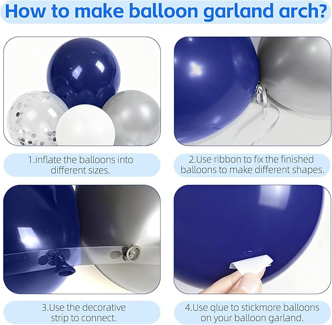 Navy Blue and Silver Balloons Arch Kit,Blue and Silver Balloons,Silver Confetti White Balloons Arch for Graduation Ceremony, Birthday New Year Party Decorations
