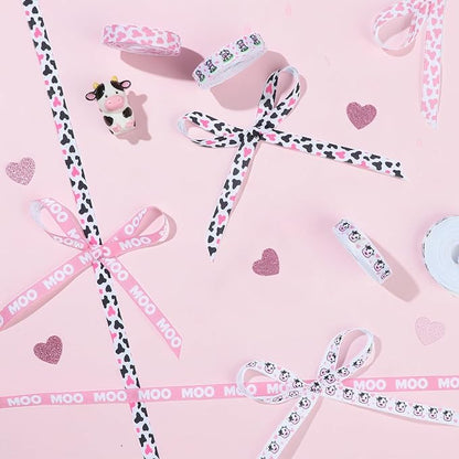 6 Roll Cow Print Ribbons, 3/8 Inch x 30 Yard Pink White Cow Spot Ribbon, Gift Wrap Grosgrain Ribbons, Animal Print Craft Ribbon for Farm Party Favor Christmas Wreath Bow DIY Craft Decor