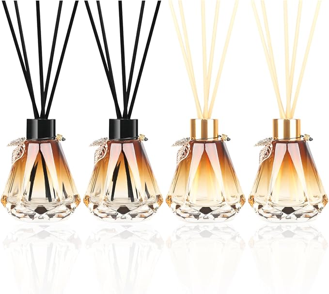 Reed Diffuser, Reed Diffuser Empty Bottles with 20pcs Reed Diffuser Sticks, Delicate Gold Leaf Decor, Glass Fragrance Diffuser Set with lids for Home… (Black+Gold, 4PCS)