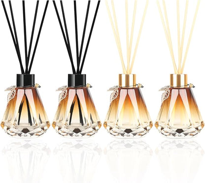 Reed Diffuser, Reed Diffuser Empty Bottles with 20pcs Reed Diffuser Sticks, Delicate Gold Leaf Decor, Glass Fragrance Diffuser Set with lids for Home… (Black+Gold, 4PCS)