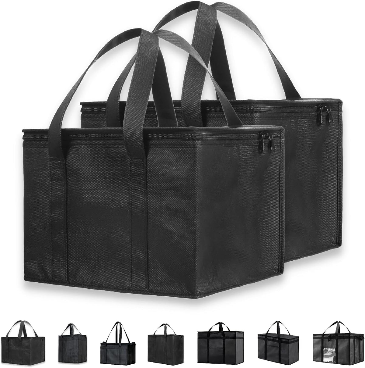 NZ Home Insulated Cooler Bag and Food Warmer (Medium, 2 pack) for Food Delivery & Grocery Shopping with Zippered Top, Black