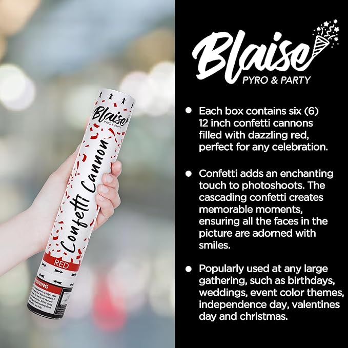 Blaise Pyro & Party Red Confetti Poppers - Easy to Use Paper Confetti Poppers for Weddings, Birthdays, Anniversaries & More - Colorful Confetti Cannon for Memorable Photos - 6 Pack, 12 Inch