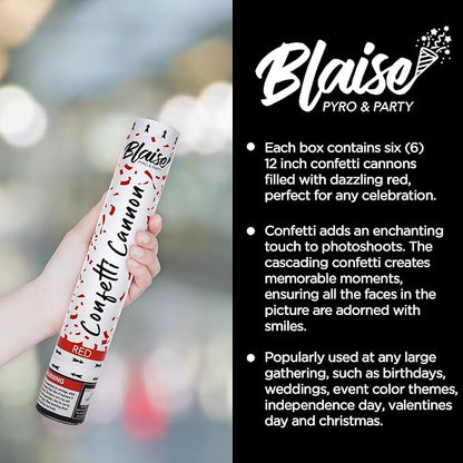 Blaise Pyro & Party Red Confetti Poppers - Easy to Use Paper Confetti Poppers for Weddings, Birthdays, Anniversaries & More - Colorful Confetti Cannon for Memorable Photos - 6 Pack, 12 Inch