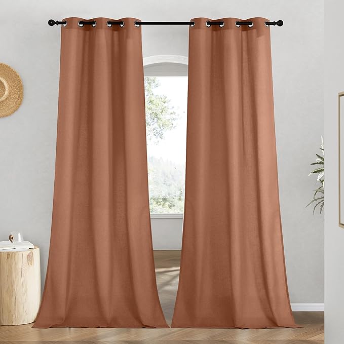 NICETOWN Caramel Linen Curtains for Kitchen, Thick Flax Small Window Treatments Semi Sheer Privacy Assured with Light Through for Cafe/Bathroom, W34 x L80, 2 Panels