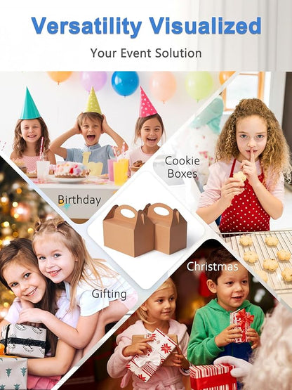 50 Pcs Small Party Treat Boxes, 6 Inch Candy Cookie Goodie Gift Bags Gable Box for Kids Birthday Party, Kraft Brown