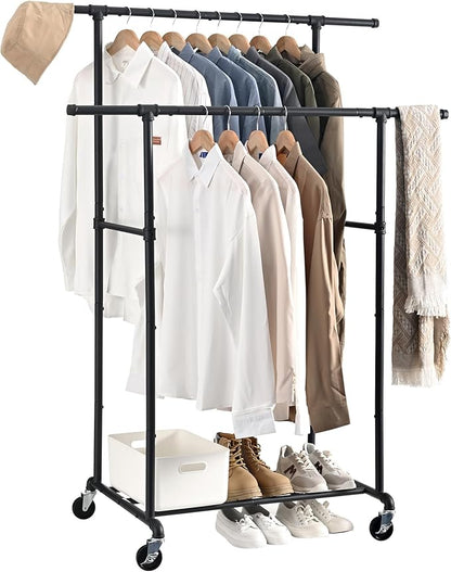 FOUCSSOMEI Heavy Duty Clothes Rack, Rolling Clothing Rack, Garment Rack with Wheels, Double Rod, Max 400Lbs, Black