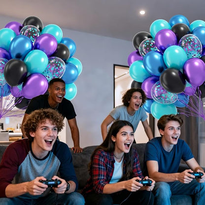 60pcs Blue and Purple Balloons 12inch with Metallic Purple Black Teal Blue Confetti Balloons for Video Game Birthday Party Decorations