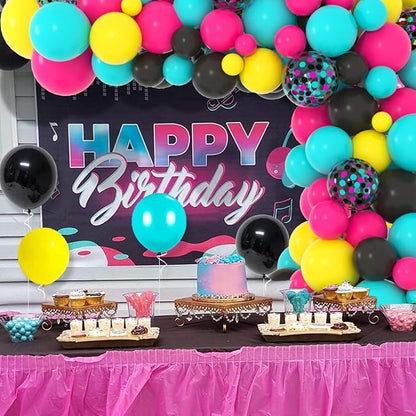 Rose Red Teal Blue Black Yellow Balloon Garland Kit - 122PCS Teal Blue Balloons Black Hot Pink Black Yellow Balloons for Neon 70S 80S Music Birthday Retirement Engagement Graduation Party Decor